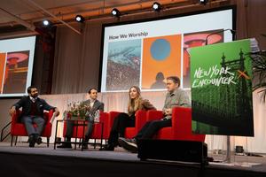 Panelists (from left) Brandon Vaidyanathan, Chip Rotolo, Lauren Jackson and Justin Brierley speak at New York Encounter on Saturday, Feb. 14, 2026. 