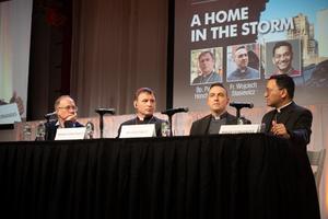 L to R: Bishop Pavlo Honcharuk of Kharkiv, Father Wojciech Stasiewicz, and Bishop Earl Fernandes of Columbus, Ohio, speak at the New York Encounter on Saturday, Feb. 14, 2026. 