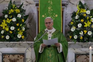 Pope Leo XIV delivers a homily during Mass at the Church of Santa Maria Regina Pacis, a parish in Ostia Lido, Diocese of Rome, on Feb. 15, 2026. 