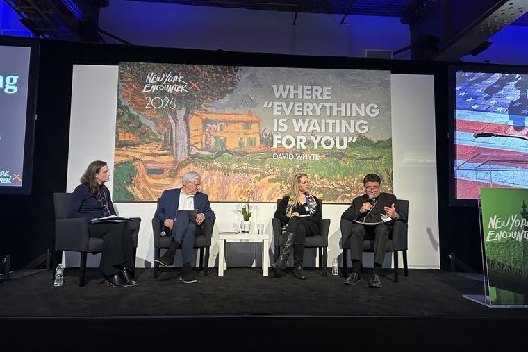 L to R: Jackie Aldrette, Mario Russell, Ashley Feasley and Auxiliary Bishop Evelio Menjivar-Ayala of Washington, D.C., sit down for panel on immigration at the New York Encounter on Feb. 15, 2026, in New York City.