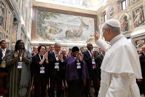 Pope Leo XIV greets members of the Pontifical Academy for Life at the Vatican on Feb. 16, 2026.