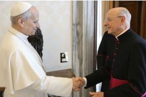 Pope Leo XIV receives Msgr. Fernando Ocáriz, the prelate of Opus Dei, at the Vatican on Feb. 16, 2026.