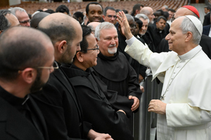 Pope Leo XIV greets priests during an audience with the clergy of Rome in the Vatican's Paul VI Hall, on Feb. 19, 2026. .