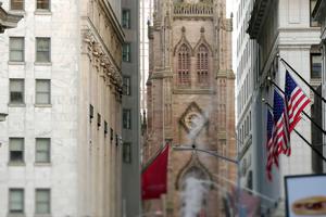 American flags fly in Lower Manhattan’s Financial District in New York City.
