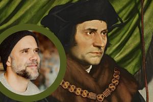 L to R: Sacred artist Joseph Macklin and ‘Portrait of Sir Thomas More’ (detail, 1527), by Hans Holbein the Younger