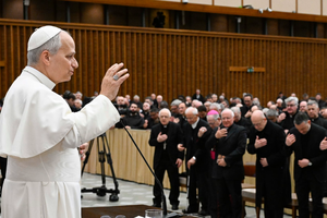 Pope Leo XIV speaks to priests from the Diocese of Rome in the Vatican’s Paul VI Hall on Feb. 19, 2026. 