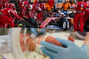 Top: Charles Leclerc of Monaco driving the (16) Ferrari SF-25 in the pit stop during the F1 Grand Prix of Miami at Miami International Autodrome on May 4, 2024 in Miami, United States; bottom: baby in the NICU
