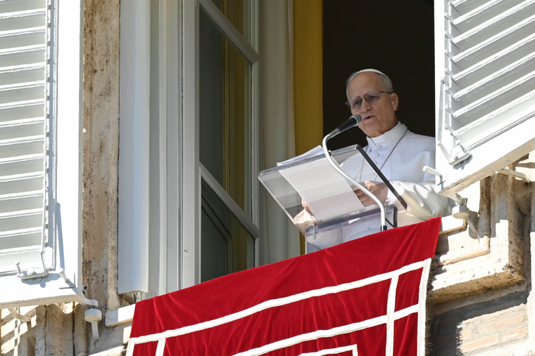 Pope Leo XIV addresses pilgrims gathered in St. Peter's Square at the Vatican for the recitation of the Angelus on Feb. 22, 2026. 