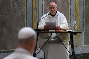 Bishop Erik Varden of Trondheim, Norway, preaches to Pope Leo XIV and the Roman Curia during Lenten spiritual exercises at the Vatican on Feb. 22, 2026. 