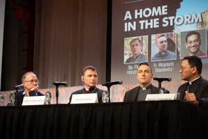 Bishop Earl Fernandes (far right) speaks with a Ukrainian delegation at the New York Encounter on Feb. 14, 2026, in New York City. 