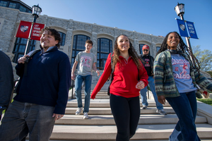 Students at The Catholic University of America walk on the Washington, D.C., campus in 2025. 
