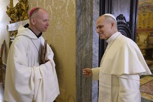 Pope Leo XIV chats with Bishop Erik Varden of Trondheim, Norway, at the end of Lenten spiritual exercises at the Vatican on Feb. 27, 2026. 