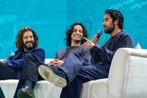 From left to right: Actors Jonathan Roumie, Michael Iskander, and Adam Hashmi during their panel at ChosenCon on Feb. 20, 2026, in Charlotte, North Carolina.