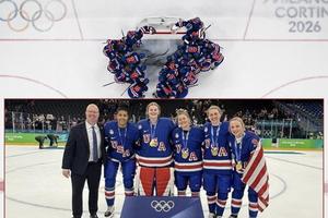 Foreground: Members of women’s hockey Team USA pose on the ice following their Feb. 19 gold-medal victory over Canada, including (from left to right) Assistant Coach Brent Hill and Bishop Kearney alumnae Laila Edwards, Ava McNaughton, Haley Winn, Caroline ‘KK’ Harvey and Kirsten Simms. 
Background: USA women’s players gather at the goal prior to the gold-medal match between the U.S. and Canada during the Milano Cortina 2026 Winter Olympic Games in Milan.