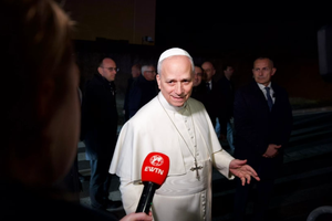 Pope Leo XIV answers a question from the press outside the papal villa at Castel Gandolfo, Italy, on March 3, 2026. 