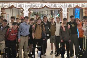 A group of high-school seniors from The Heights School in Potomac, Maryland, gather at the hotel to which they were evacuated in Abu Dhabi, on Feb. 28, 2026.