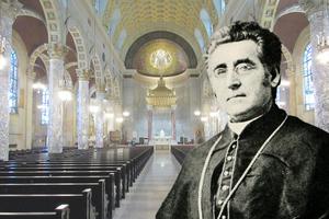 Bishop Thomas Francis Hendricken and the interior of Sts. Peter and Paul.
