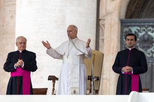 Pope Leo XIV prays during the general audience in St. Peter’s Square on March 11, 2026. 