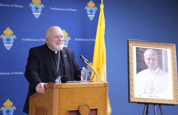 Miami Archbishop Thomas Wenski speaks during a press conference in Miami on Oct. 9, 2025. 