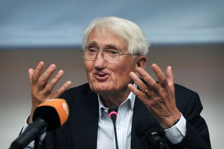Internationally renowned German philosopher Juergen Habermas speaks to journalists in an auditorium of the Philosophical School of Athens on Aug. 6, 2013. He died at the age of 96 in Germany on March 14, 2026. 
