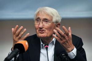 Internationally renowned German philosopher Juergen Habermas speaks to journalists in an auditorium of the Philosophical School of Athens on Aug. 6, 2013. He died at the age of 96 in Germany on March 14, 2026. 