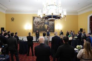 Rep. Michael Baumgartner, R-Washington, and Majority Whip Tom Emmer, R-Minnesota, deliver remarks at Catholic Connections meeting on March 6, 2026. 
