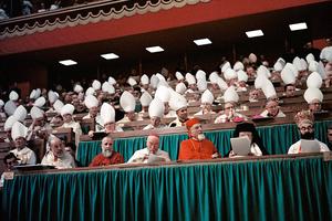 Council Fathers gather in session during the Second Vatican Council at the Vatican.