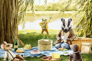 Hand-painted watercolor illustration of four characters from Kenneth Grahame’s ‘The Wind in the Willows’ — badger, rat, toad and mole — sharing a riverside picnic.