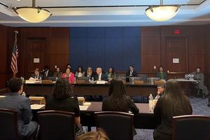 Sen. Richard Blumenthal, D-Connecticut; Sen. Mazie Hirano, D-Hawaii; and Sen. Dick Durbin, D-Illinois, hear testimony on March 17, 2026, during a forum on immigration enforcement impact on children who have been detained or separated from their families. 