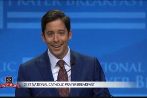 Michael Knowles, Catholic author, political commentator, and Daily Wire host, addresses the National Catholic Prayer Breakfast in Washington, D.C., on March 19, 2026. 