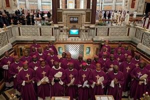 About half of Nigeria’s bishops visit the tomb of St. Paul after celebrating Mass at the Basilica of St. Paul Outside the Walls in Rome during their ad limina visit on March 4, 2026.