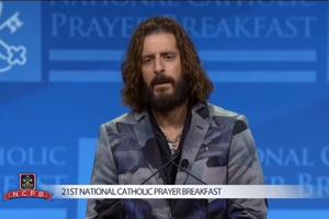Actor Jonathan Roumie addresses the crowds gathered at the National Catholic Prayer Breakfast on March 19, 2026 in Washington, D.C.