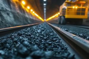 Close-up view of coal on railway tracks inside an underground mine, with a mining vehicle in the background. 