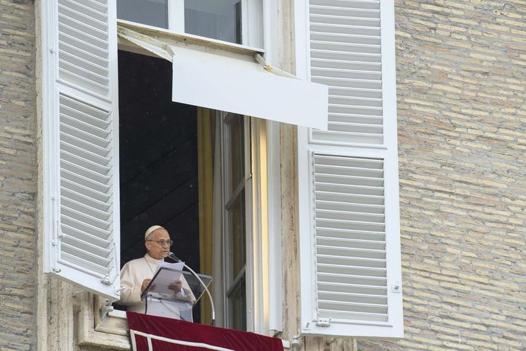 Pope Leo XIV addresses pilgrims gathered in St. Peter’s Square at the Vatican for the recitation of the Angelus on March 22, 2026. 