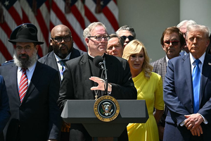 Bishop Robert Barron speaks alongside President Donald Trump (right) during a National Day of Prayer event on May 1, 2025, in the Rose Garden of the White House in Washington, D.C. 