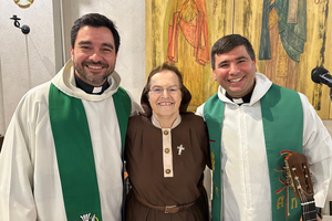 Father Diego, Sister Briege, and Father Gaston during a retreat in Cordoba, Argentina in 2025. 