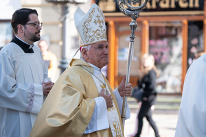 Archbishop Nicola Girasoli, apostolic nuncio to Slovakia, processes in Banská Bystrica, Slovakia, on March 14, 2026, during a Mass marking the 250th anniversary of the Diocese of Banská Bystrica.