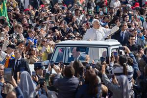Pope Leo XIV gives a thumbs up during the weekly general audience in St. Peter’s Square on March 25, 2026. 