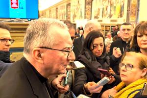 Cardinal Pietro Parolin, the Vatican secretary of state, speaks to reporters at the Vatican Library on March 26, 2026. 