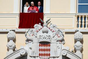 Pope Leo XIV gives a speech from the balcony next to Prince Albert II of Monaco and Princess Charlene of Monaco at the Prince's Palace of Monaco in Monte Carlo, Monaco, on Saturday, March 28, 2026. 