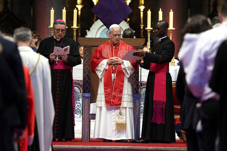 Pope Leo XIV speaks at the Cathedral of the Immaculate Conception during his visit to Monaco on Saturday, March 28, 2026. 