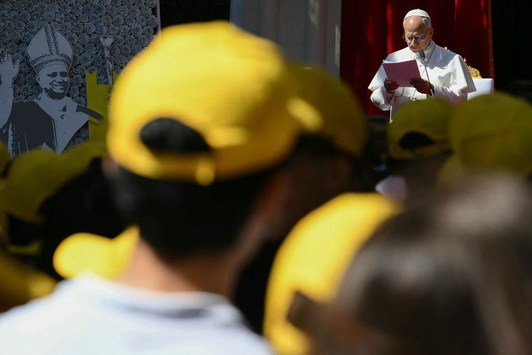 Pope Leo XIV meets with youth and catechumens in front of the Church of Sainte-Devote in Monte Carlo, Monaco, on Saturday, March 28, 2026.