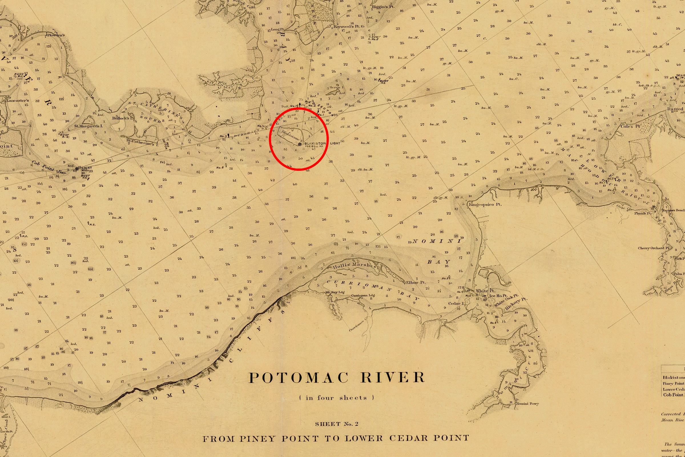 The red circle indicates the location of St. Clement’s Island in the vast Potomac River. St. Clement’s was named by Fr. Andrew White after the Patron of Sailors.