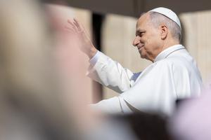 Pope Leo XIV waves during a general audience in St. Peter’s Square on March 25, 2026.