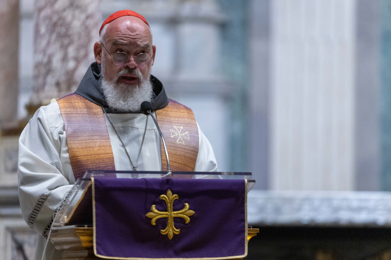 Cardinal Dominique Mathieu speaks during a vigil for peace on March 30, 2026, in the Basilica of Santa Croce in Gerusalemme in Rome. 