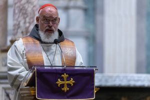 Cardinal Dominique Mathieu speaks during a vigil for peace on March 30, 2026, in the Basilica of Santa Croce in Gerusalemme in Rome. 