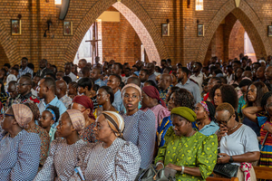 Catholics congregate during the celebration of a Mass organized at the Notre Dame du Congo Cathedral in Kinshasa on Feb. 9, 2025, by Catholic students praying for peace and for those affected by the war in the East of the Democratic Republic of Congo.