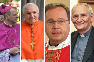 (L-R) Archbishop Tadeusz Wojda, Cardinal Jean-Marc Aveline, Bishop Georg Bätzing,  and Cardinal Matteo Zuppi.