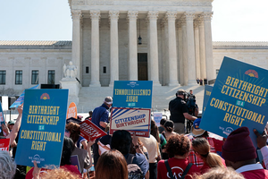 Demonstrators rally in support of birthright citizenship outside the U.S. Supreme Court as President Donald Trump attends oral arguments in Washington, D.C., on April 1, 2026. 