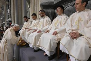 Pope Leo XIV washes the feet of priests during the Mass of the Lord’s Supper at the Basilica of St. John Lateran in Rome on Holy Thursday, April 2, 2026. 